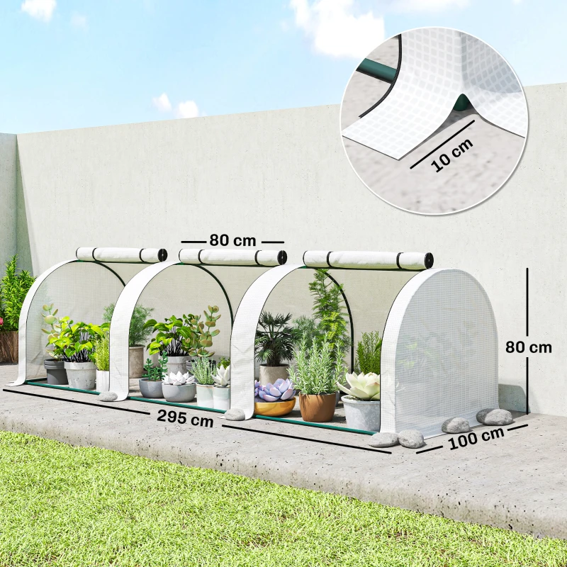 Outsunny Mini Garden Greenhouse Tomato Greenhouse 300L x 100l x 80H cm Steel PE High Density 140 g/m² UV-resistant 3 windows White