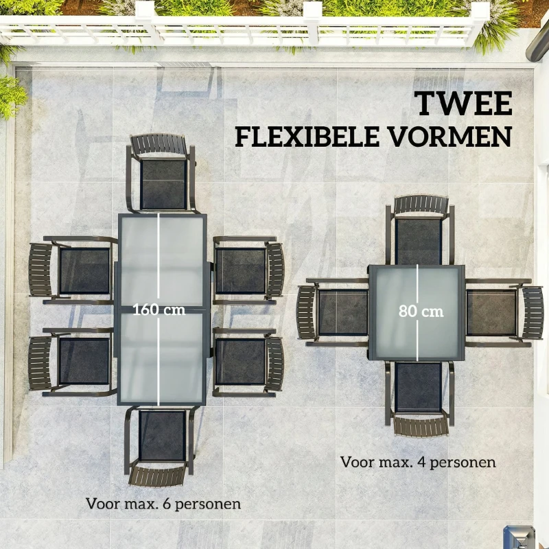 Outsunny Uitschuifbare Tuintafel voor Buiten, Weerbestendige Uitbreidbare Buffettafel, 160 cm × 80 cm × 75 cm, Zwart