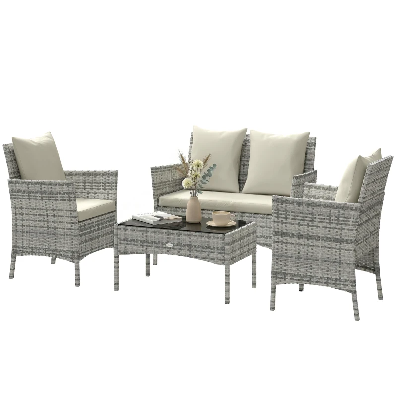 Outsunny 4-teiliges Rattan-Garten-Loungeset mit 2-Sitzer-Sofa, 2 Stühlen, Couchtisch, Grau