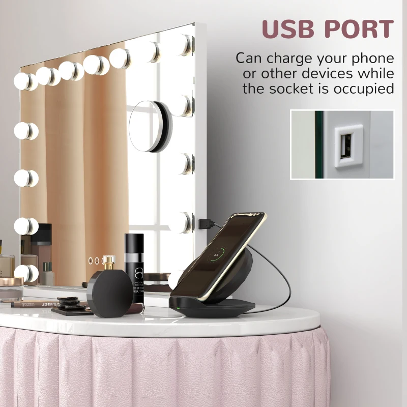 HOMCOM Kosmetyczne Lustro LED, 3 Tryby Światła, Ściemnialne, Sterowanie Dotykowe, USB, 58x48cm, Biały