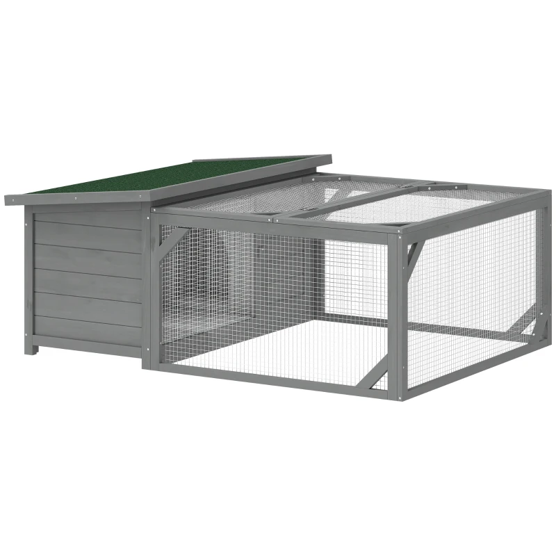 PawHut Gabbia per Conigli in Legno con Tetto Bituminoso Apribile, Recinto Esterno e Porte, 125,5x100x49 cm, Grigio