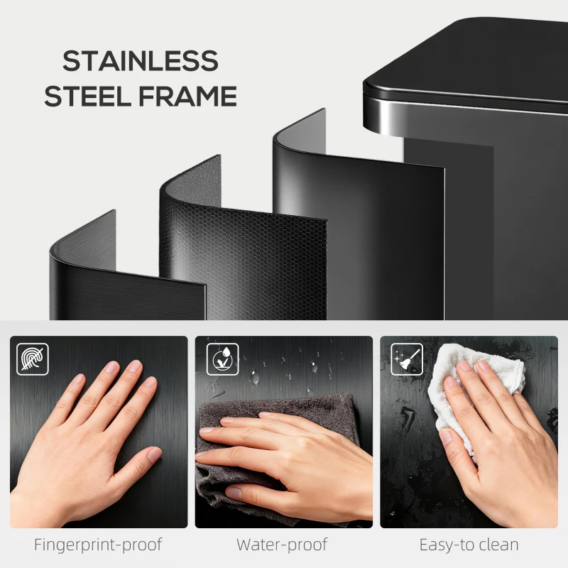 HOMCOM 3 x 15L Pedal Bin, Steel Triple Kitchen Bin with Soft Close Lid, Removable Inner Buckets, Fingerprint-Proof, Black