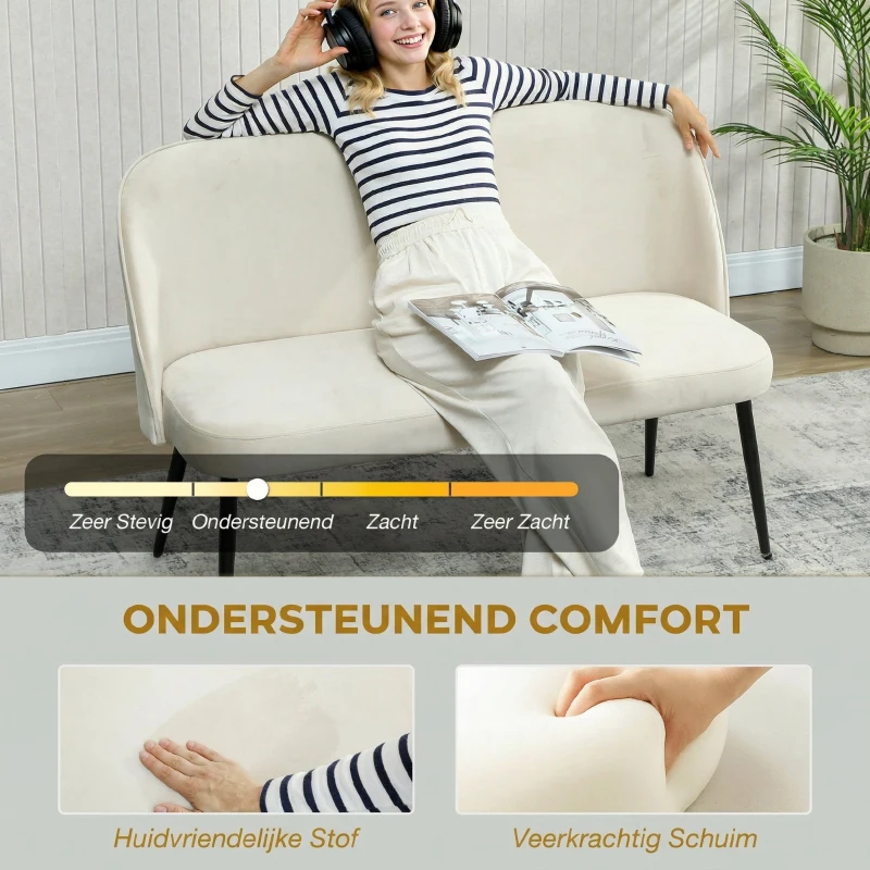 HOMCOM 2-zitsbank, moderne gestoffeerde bank met metalen en houten frame, fluweelachtige stof, Beige(m-4)