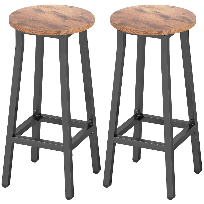 HOMCOM Bar Stools Set of 2 Breakfast Bar Stools with Footrest, Industrial Round, 32 x 32 x 65 cm, Rustic Brown
