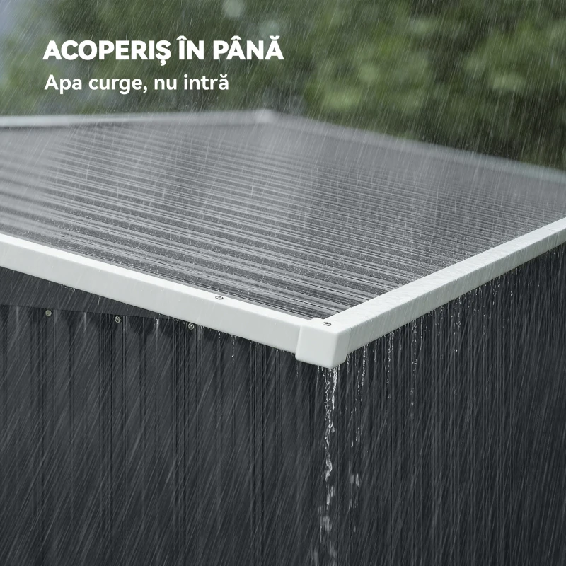 Outsunny Căsuță de Grădină 2.68m² din Oțel Galvanizat cu 3 Uși cu Încuietoare, Căsuță de Depozitare cu Fante de Ventilație, Acoperiș Înclinat și Mănuși, 234x132x185 cm, Gri Închis