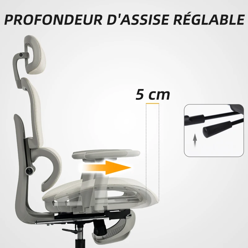 HOMCOM Chaise de bureau ergonomique en maille, fauteuil de bureau inclinable, accoudoirs 3D, appui-tête réglable, beige