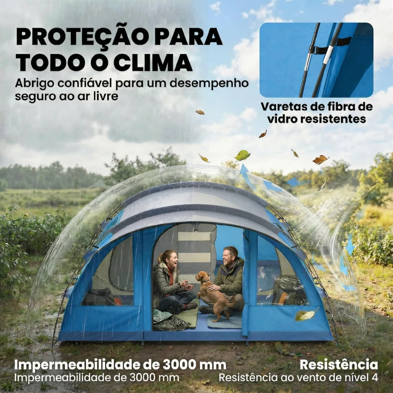 Outsunny Tenda de Campismo Familiar Tipo Túnel para 4 Pessoas com 2 Quartos Porta 4 Janelas Impermeável Montagem Fácil Azul