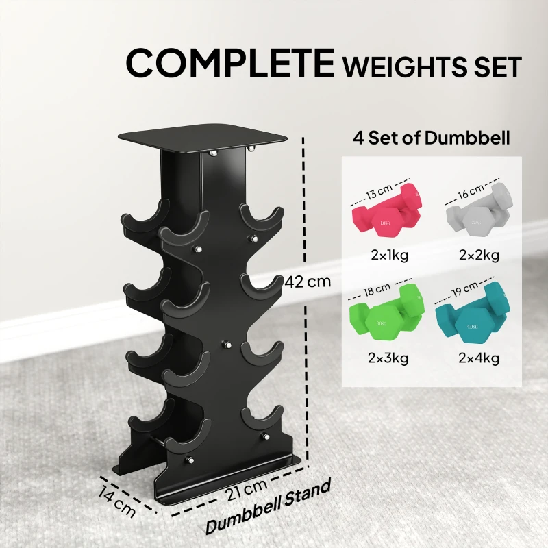 SPORTNOW Hex Dumbbells Set with Dumbbell Rack, Hand Weights for Home Gym Strength Training, 2 x 1kg, 2 x 2kg, 2 x 3kg, 2 x 4kg