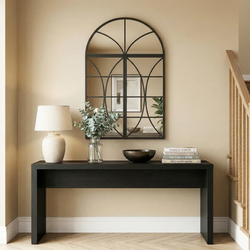 HOMCOM Oglindă de perete arcuită 80 x 120 cm, set de 3 bucăți, oglindă tip vitraliu în formă de fereastră, sticlă securizată și metal, negru