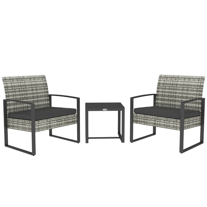 Outsunny 3-Piece Garden Set 2 Chairs with Cushions + Coffee Table Tempered Glass Top Braided Resin Light Gray