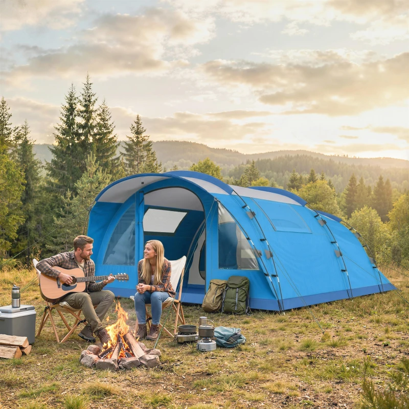 Outsunny Tenda de Campismo Familiar Tipo Túnel para 4 Pessoas com 2 Quartos Porta 4 Janelas Impermeável Montagem Fácil Azul