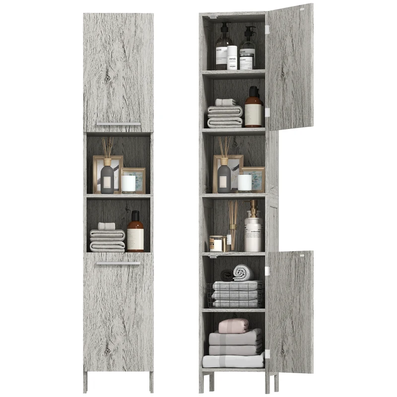 kleankin Columna de Baño Mueble Alto y Estrecho con Estantes Abiertos y 2 Armarios 30x32x172,5 cm Madera Grisácea