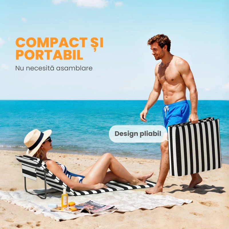 Outsunny Set 2 Șezlonguri de Plajă cu Tetieră Căptușită, din Metal și Țesătură Oxford, 150x50x2 cm, Gri și Alb