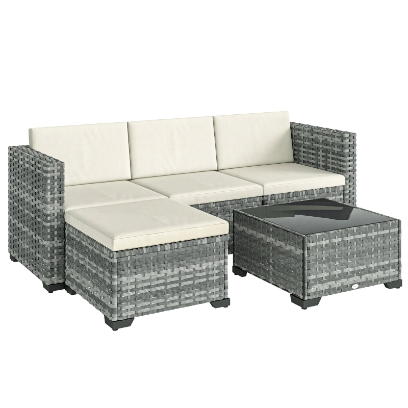 Outsunny Polyrattan Zestaw Mebli Ogrodowych 5-częściowy, Sofa Narożna z Podnóżkiem i Stolik Kawowy, Kremowy + Szary