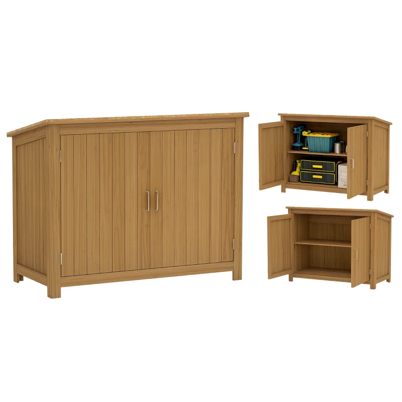 Outsunny Wooden garden cabinet outdoor garden shed with sloped roof, 2 shelves and 2 doors, 110 x 50 x 85 cm, brown