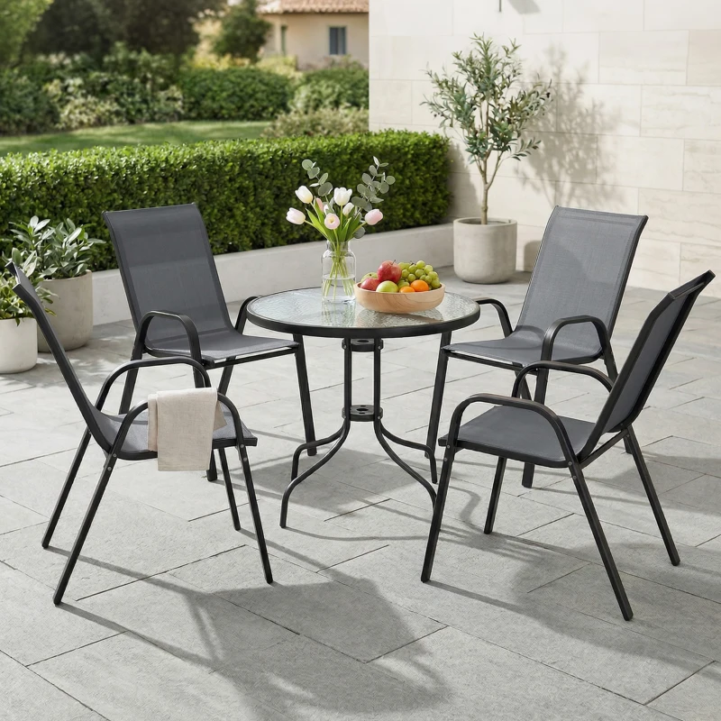 Outsunny Five-Piece Steel Patio Set, with Glass-Top Table - Dark Grey