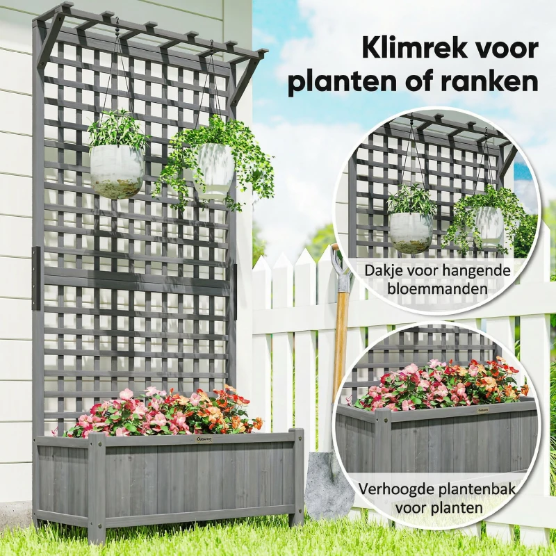 Outsunny Verhoogd bed met spalier en dak, plantenbak, bloembed, weerbestendig, hout, 90 x 45 x 183 cm, Donkergrijs