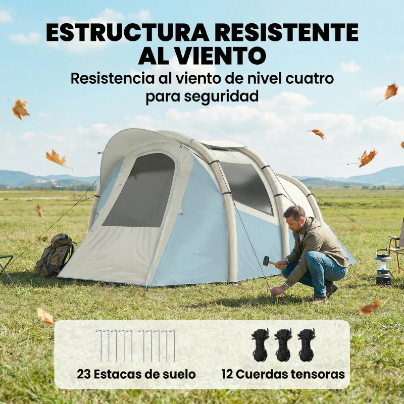 Outsunny Tienda Campaña Inflable 2-3 Personas con Bomba Dormitorio y Zona de Estar Impermeable 3000 mm Montaje Rápido Azul Claro