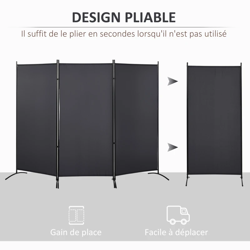 HOMCOM 3-panel room divider dim. 253L x 50l x 182H cm Side privacy screen Freestanding metal Polyester