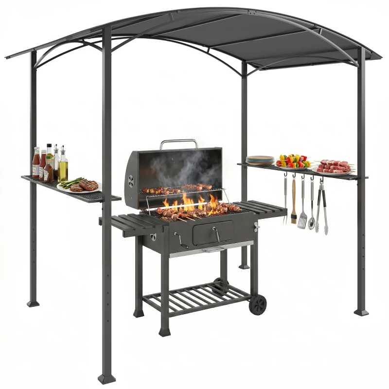 Outsunny Barbecue Shelter Gazebo 245 x 152 x 218 cm Steel with Side Shelves and Hooks, Dark Gray