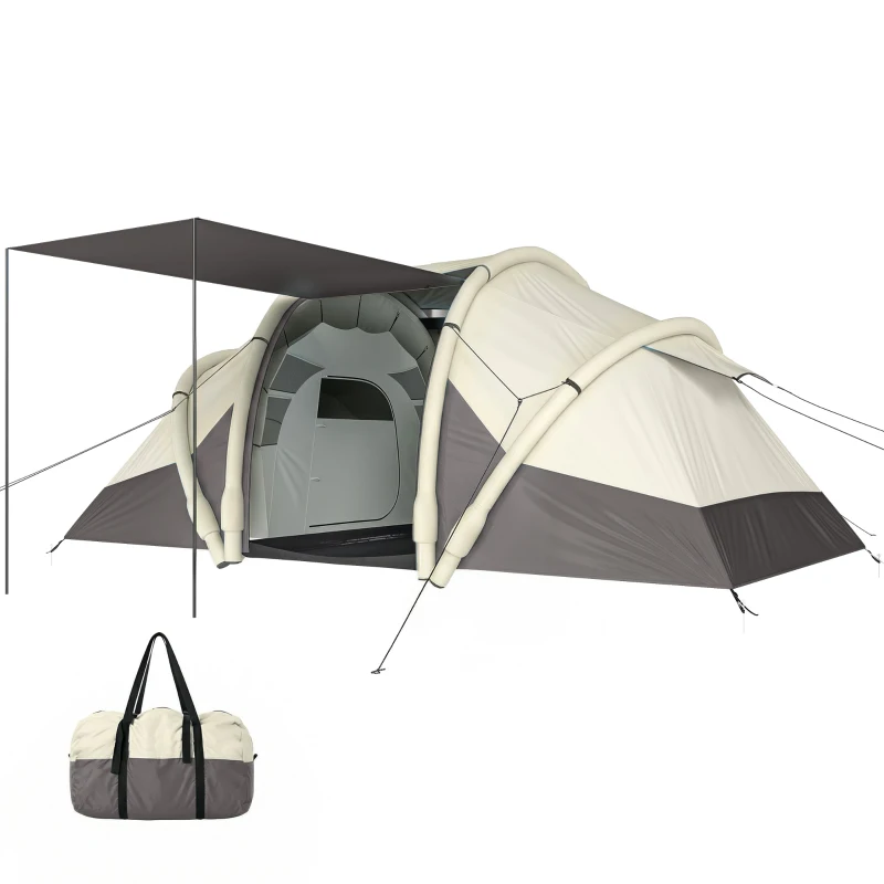 Outsunny Tenda Inflável para Camping 2-4 Pessoas com Bomba 2 Quartos e Sala Impermeável 3000mm 485x245x188cm Cinza
