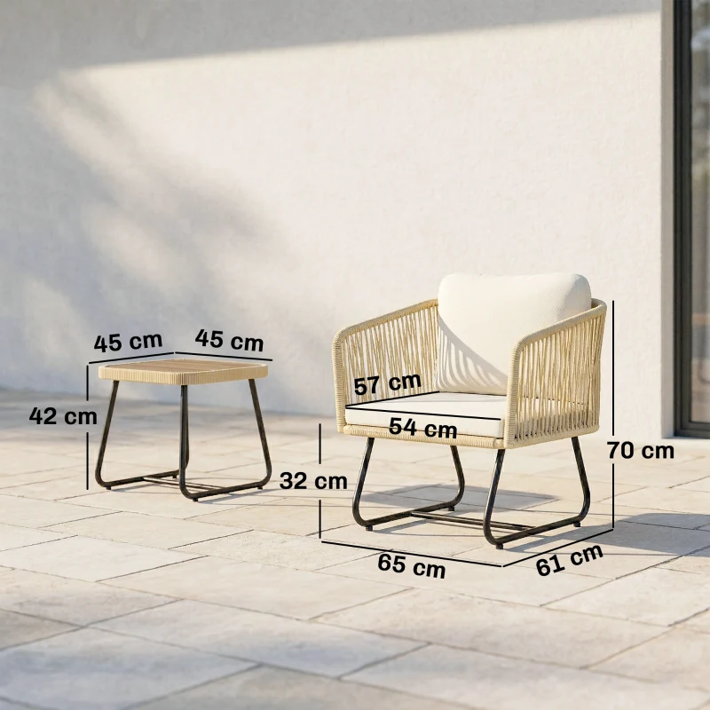 Outsunny Set bistro en rotin 3 pièces - ensemble de jardin FSC avec 2 fauteuils, table en bois à lames, coussins épais lavables, cadre en acier