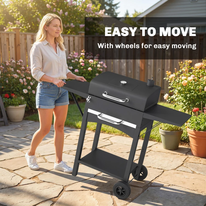 Outsunny Grill węglowy z pokrywą, BBQ Smoker z 2 bocznymi stolikami, dużą powierzchnią grillową, rusztem, termometrem i kółkami