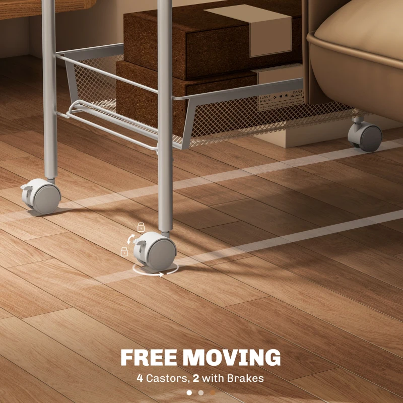 HOMCOM Five-Steel Mesh Basket Storage Trolley, with Wheels - White