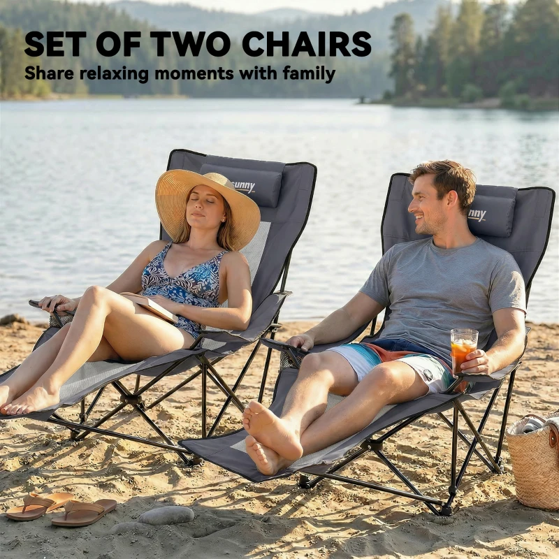 Outsunny 2-delige set opvouwbare campingstoelen met verstelbare rugleuning, voetsteun, bekerhouder, hoofdsteun, donkergrijs