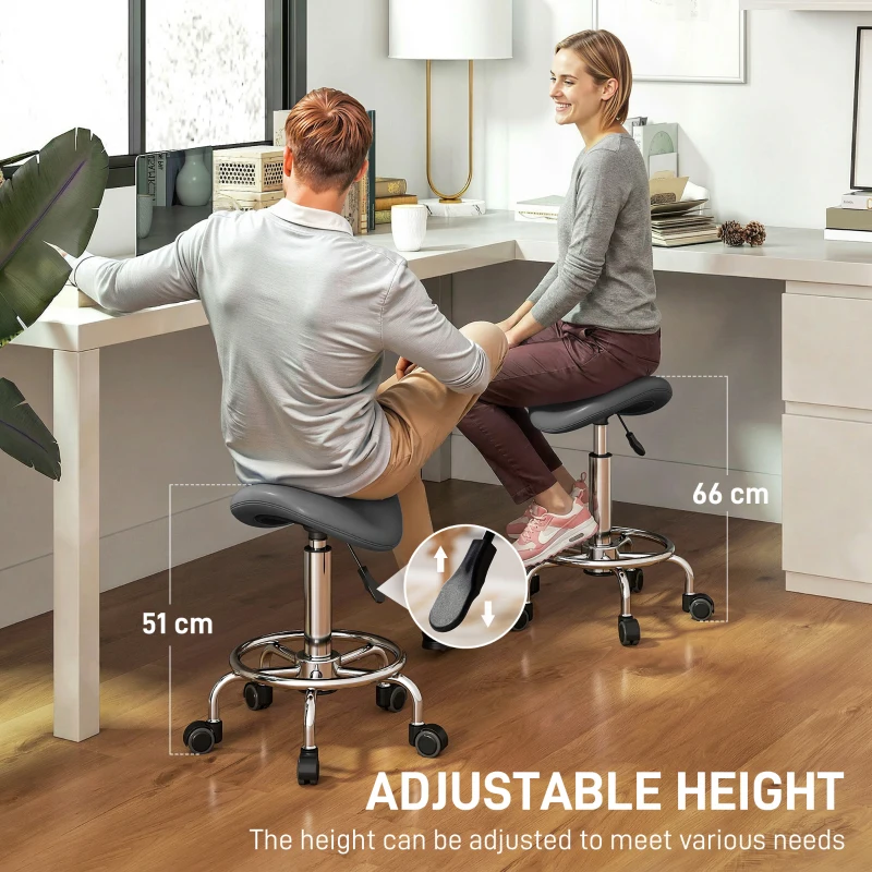 HOMCOM Salon Saddle Stool, Rolling Saddle Chair for Massage, Spa, Clinic, Beauty, Hairdressing and Tattoo, Grey