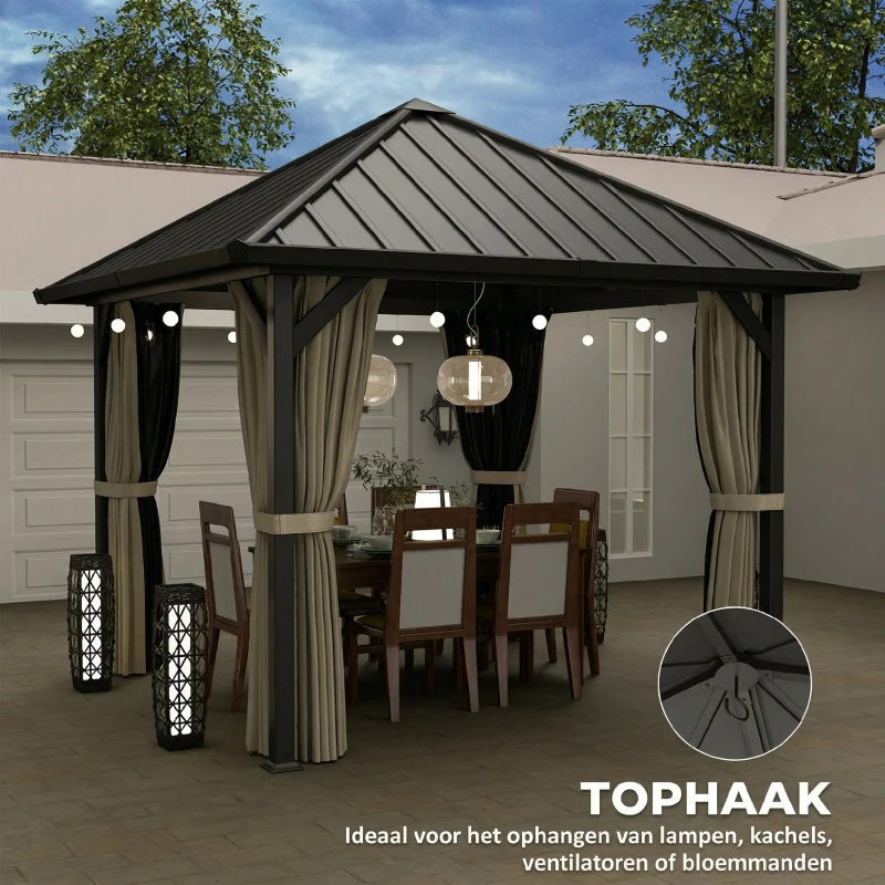 Outsunny 3 x 3m Harddak Paviljoen, Tuinpaviljoen met Metalen Dak, Waterbestendig Tuinzelt met Net en Zijwanden, Donkergrijs