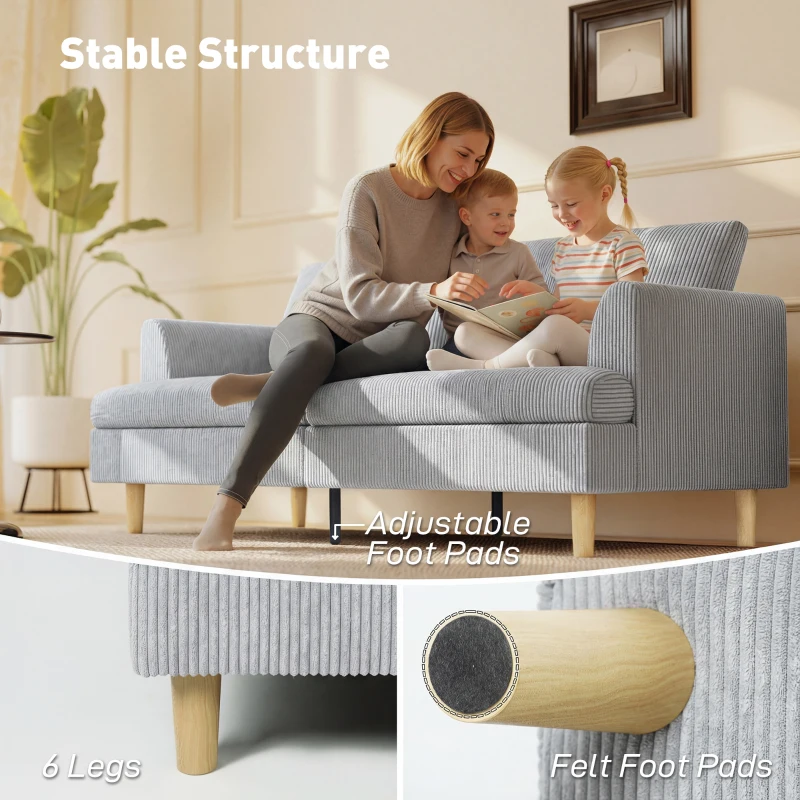 HOMCOM Sofa 3-osobowa, kanapa z podłokietnikami, tapicerowana sztruksowa sofa do salonu jasnoszara