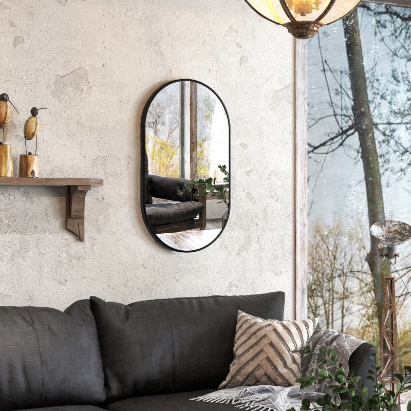 HOMCOM Oval wall mirror aluminum frame minimalist style vertical or horizontal mounting with 3 hooks 40 x 70 cm black
