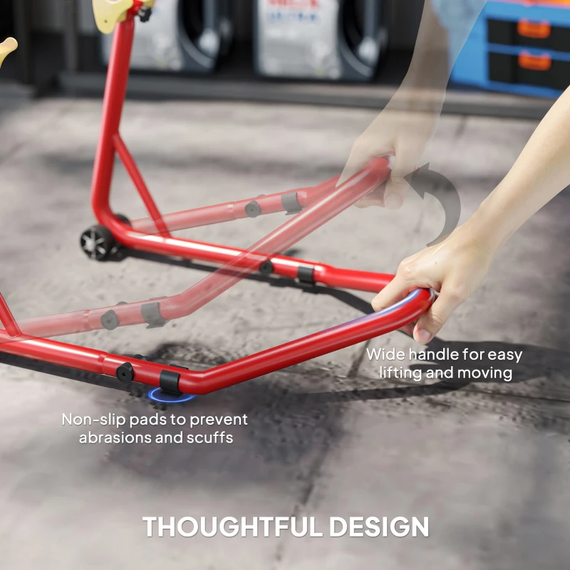 HOMCOM Motorcycle Rear Wheel Stand, 544 kg Capacity Heavy Duty Steel Motorbike Motorcycle Paddock Stand Lift with Adjustable U + L Forks, Wheels, Non-Slip Pads for Workshop Garage Repair, Red