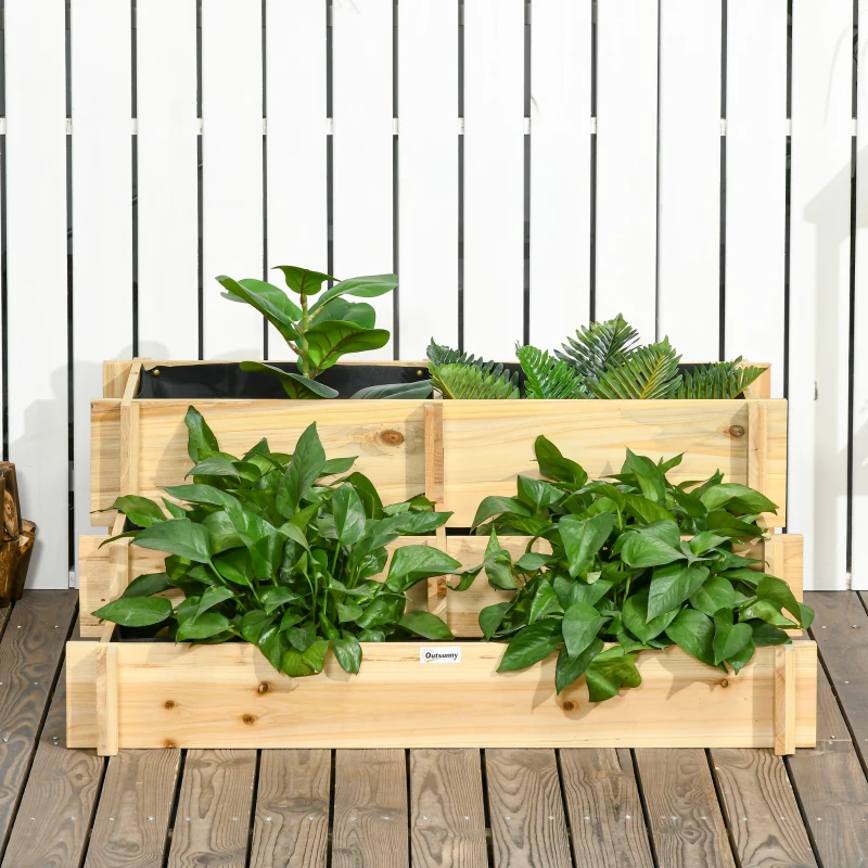 Outsunny Solid Wood Garden Planter Box, 3-Tier Stepped Raised Planter, 93 x 93 x 35 cm, Natural Wood Effect