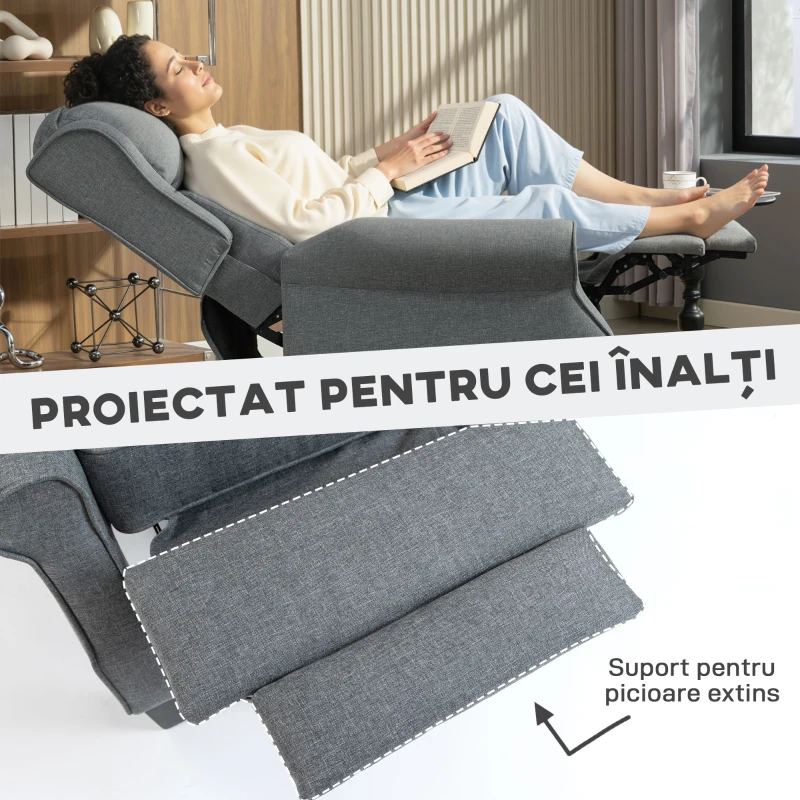 HOMCOM Fotoliu Reclinabil 132° max din Material Tip In cu Suport pentru Picioare, 74x84x102 cm, Gri