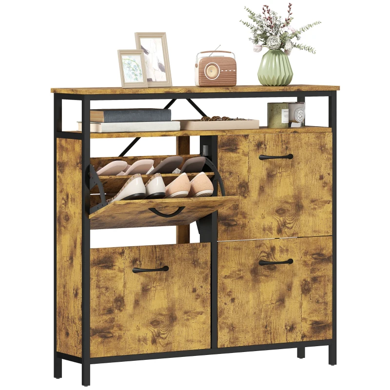 HOMCOM Shoe Storage Cabinet with 4 Flip Drawers and Open Shelf - Rustic Brown