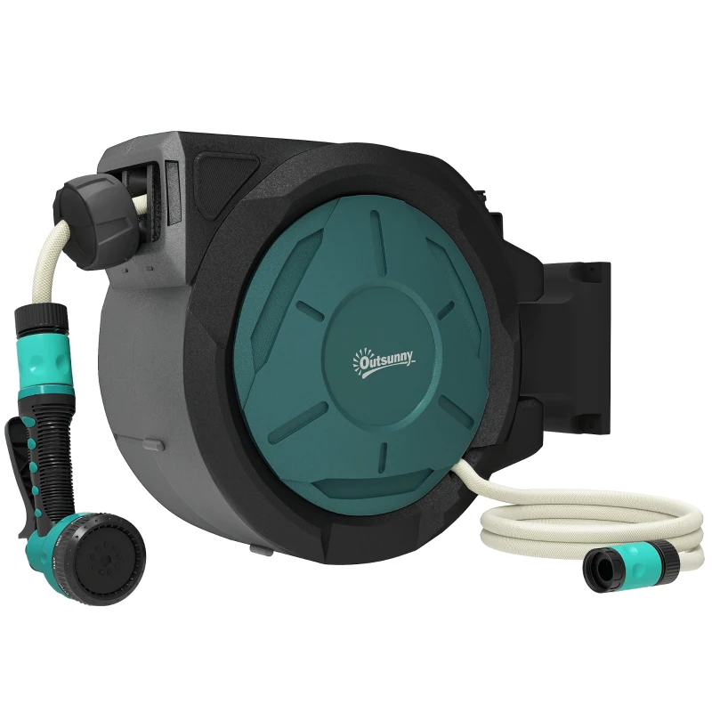 Outsunny Wall-Mounted Hose Reel 25 m x Ø 15 mm Automatic Retractable Water Hose Reel green