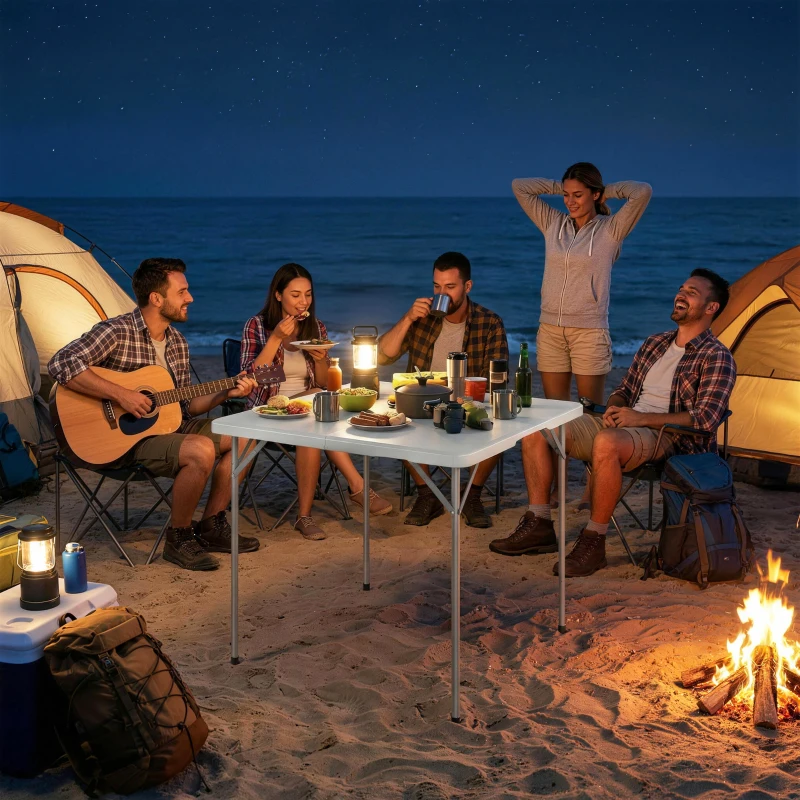 Outsunny Masă de Camping Pliabilă Pătrată, din Metal și HDPE, 86x86x74 cm, Alb