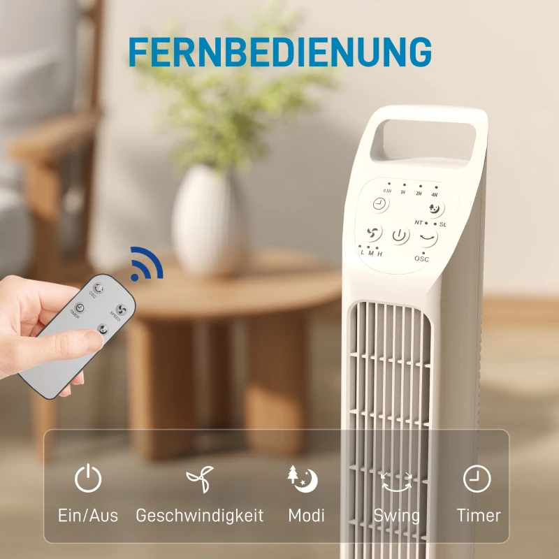 HOMCOM Turmventilator mit Fernbedienung, 7,5-Stunden-Timer, leiser Ventilator für Schlafzimmer, Weiß