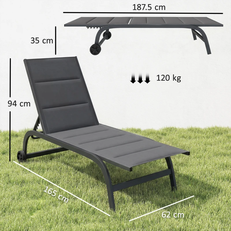 Outsunny Șezlong de soare material respirabil cu spătar reglabil în 6 trepte, roți, cadru din aluminiu Gri închis