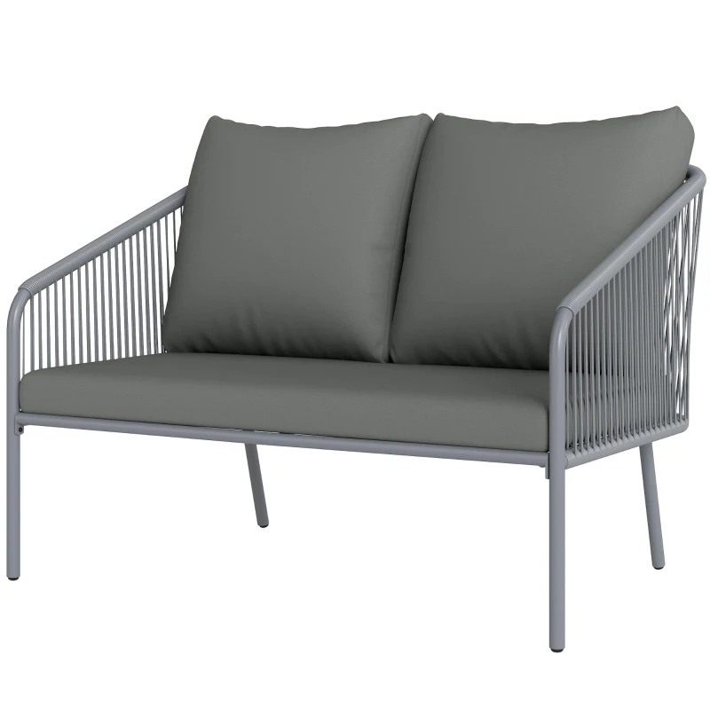 Outsunny 2-Seater Resin Wicker Garden Sofa with Cushions, Outdoor Sofa with Armrests, Steel Frame, 112x72x76cm Grey