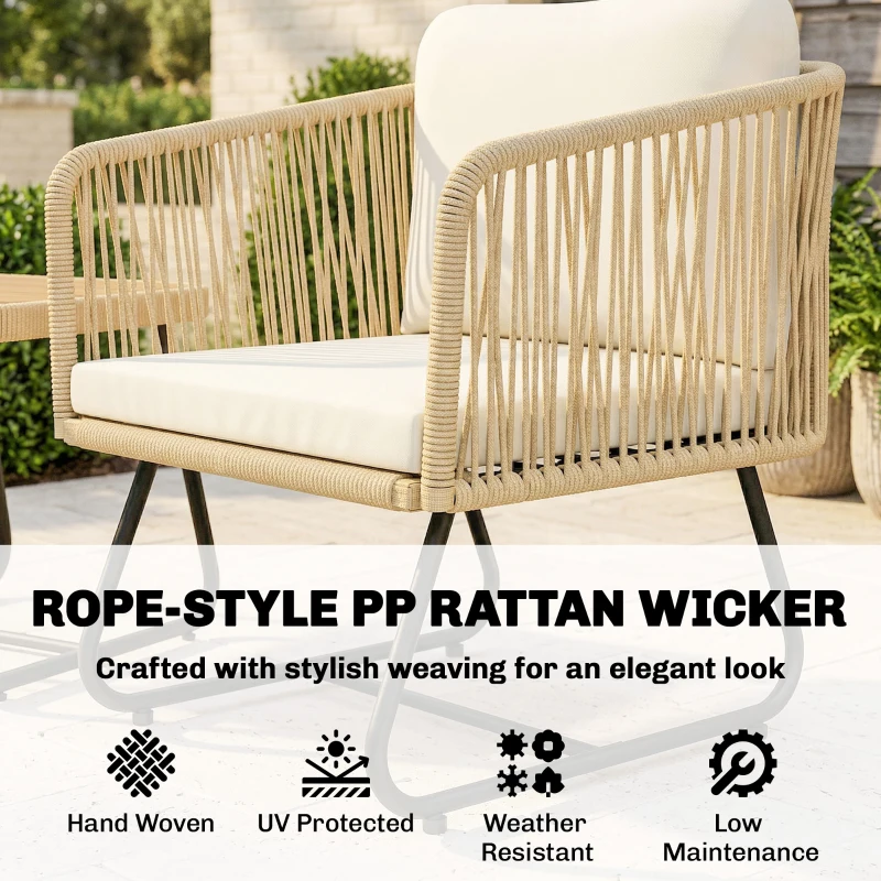 Outsunny Rattan Bistroset 3-delig FSC Tuinmeubelset met 2 Fauteuils, Latten Houten Tafel, Dikke Wasbare Kussens, Stalen Frame