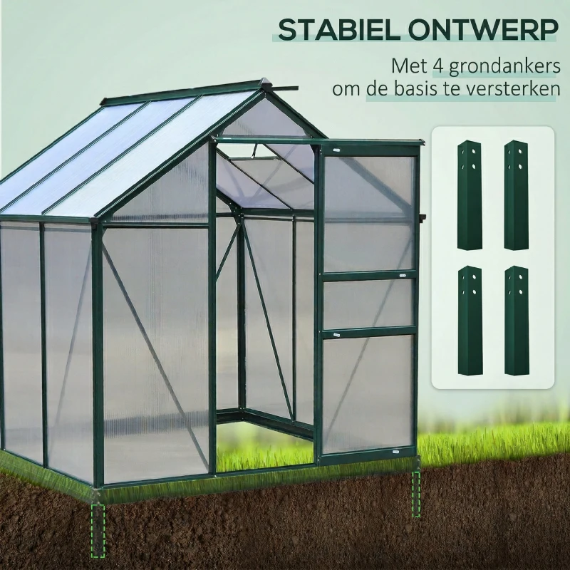 Outsunny aluminium kas met dakraam deur 190 x 192 x 201 cm, groen + transparant