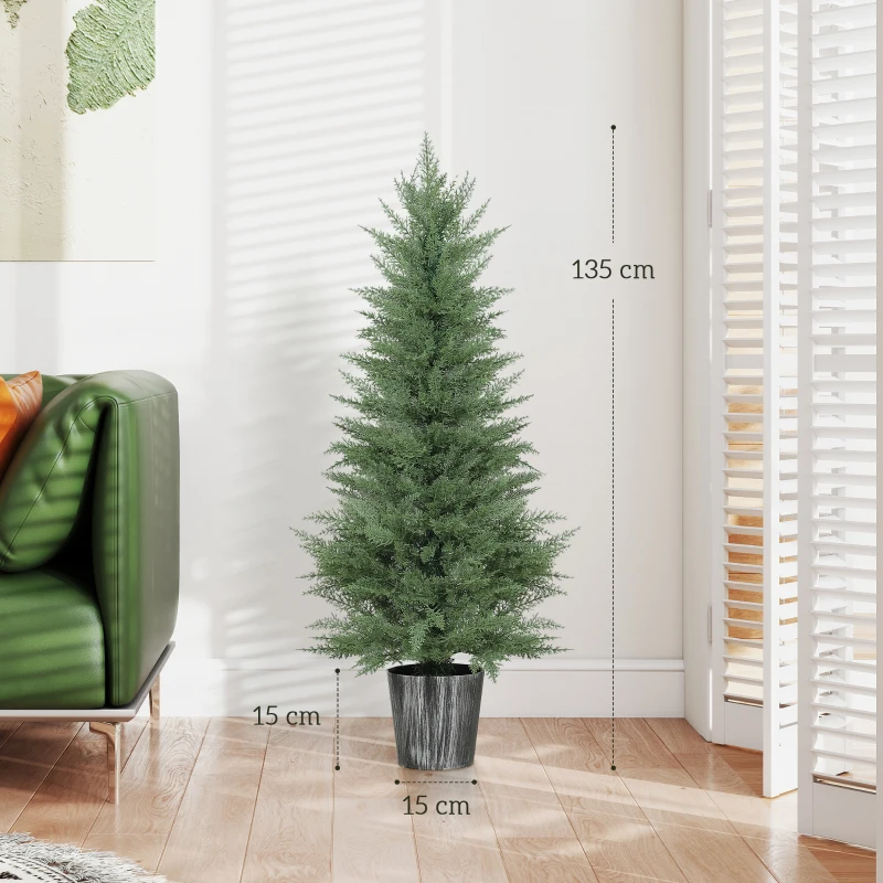 HOMCOM 135cm Artificial Cypress Trees Set of 2, UV Resistant Artificial Plants with Decorative Pot, Fake Plants for Indoor Outdoor Decor, Green