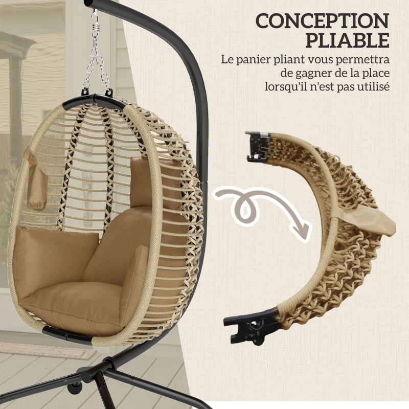 Outsunny Hanging egg chair foldable swing with cushion and stand indoor outdoor 110 x 100 x 188 cm beige