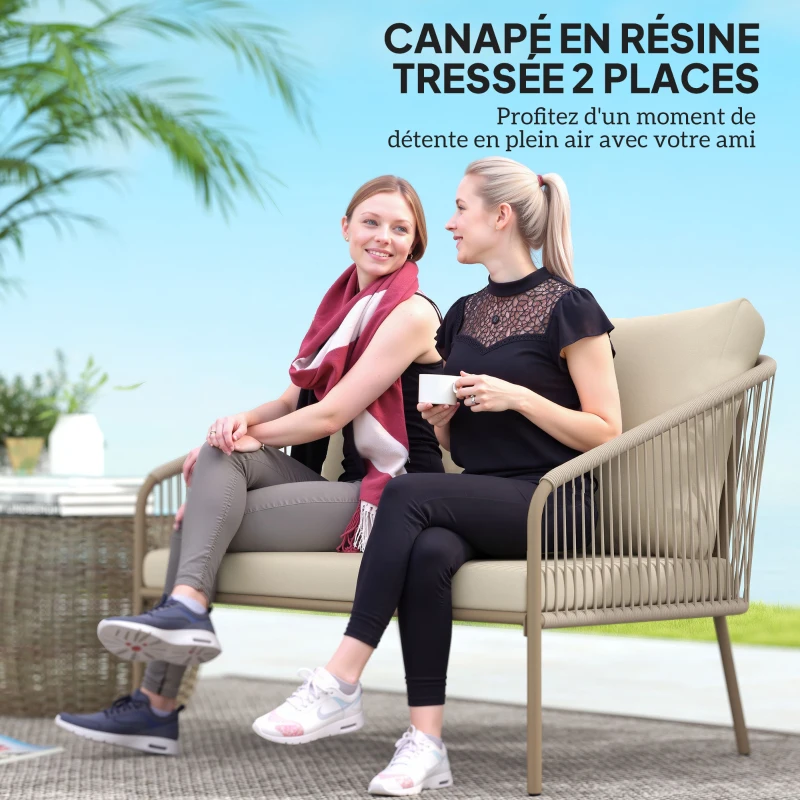 Outsunny 2-seater woven resin garden sofa with cushions outdoor sofa armrests steel frame 112x72x76cm beige
