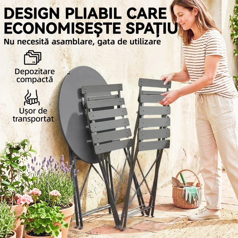 Outsunny Set Bistro Exterior, Mobilier Pliabil cu Masă și 2 Scaune, Negru
