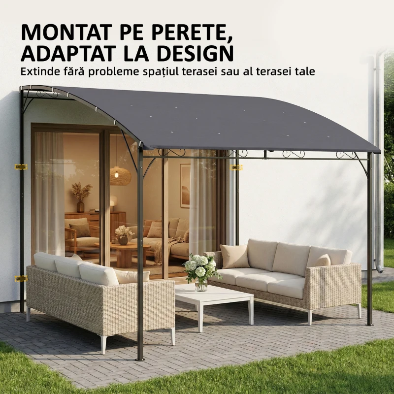 Outsunny Pergolă Gazebo 3.8x2.8m cu 16 Găuri de Drenaj, Pergolă din Metal și Poliester 180g/m² cu Șuruburi, pentru Exterior, Grădină, Terasă și Patio, UV 30+, Gri
