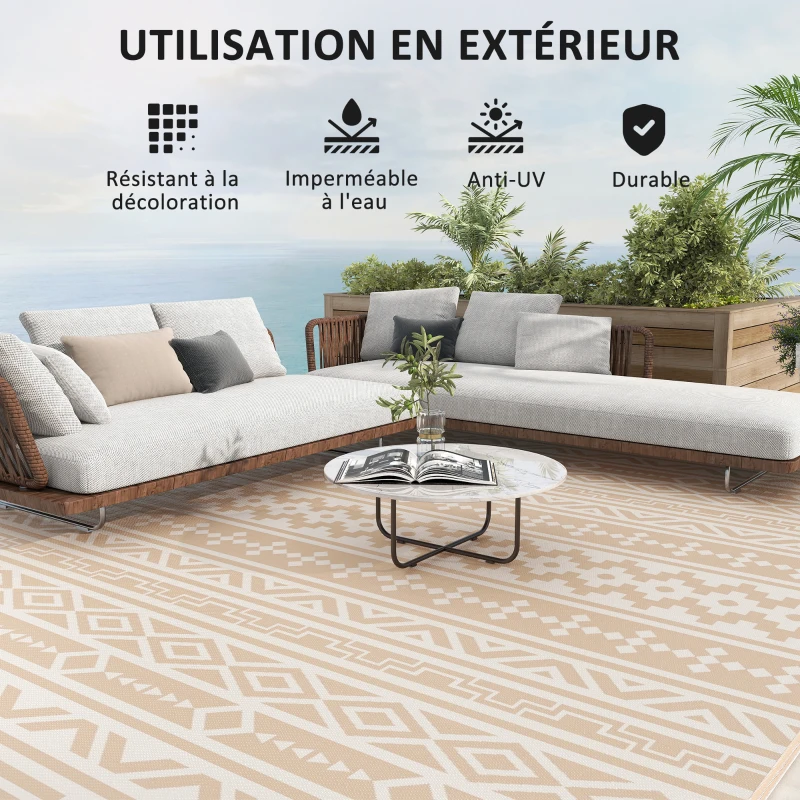 Outsunny Reversible Outdoor Rug 3.7 x 2.7 m, Geometric Wall-Pattern PP Floor Mat Carry Bag Khaki and Light Beige